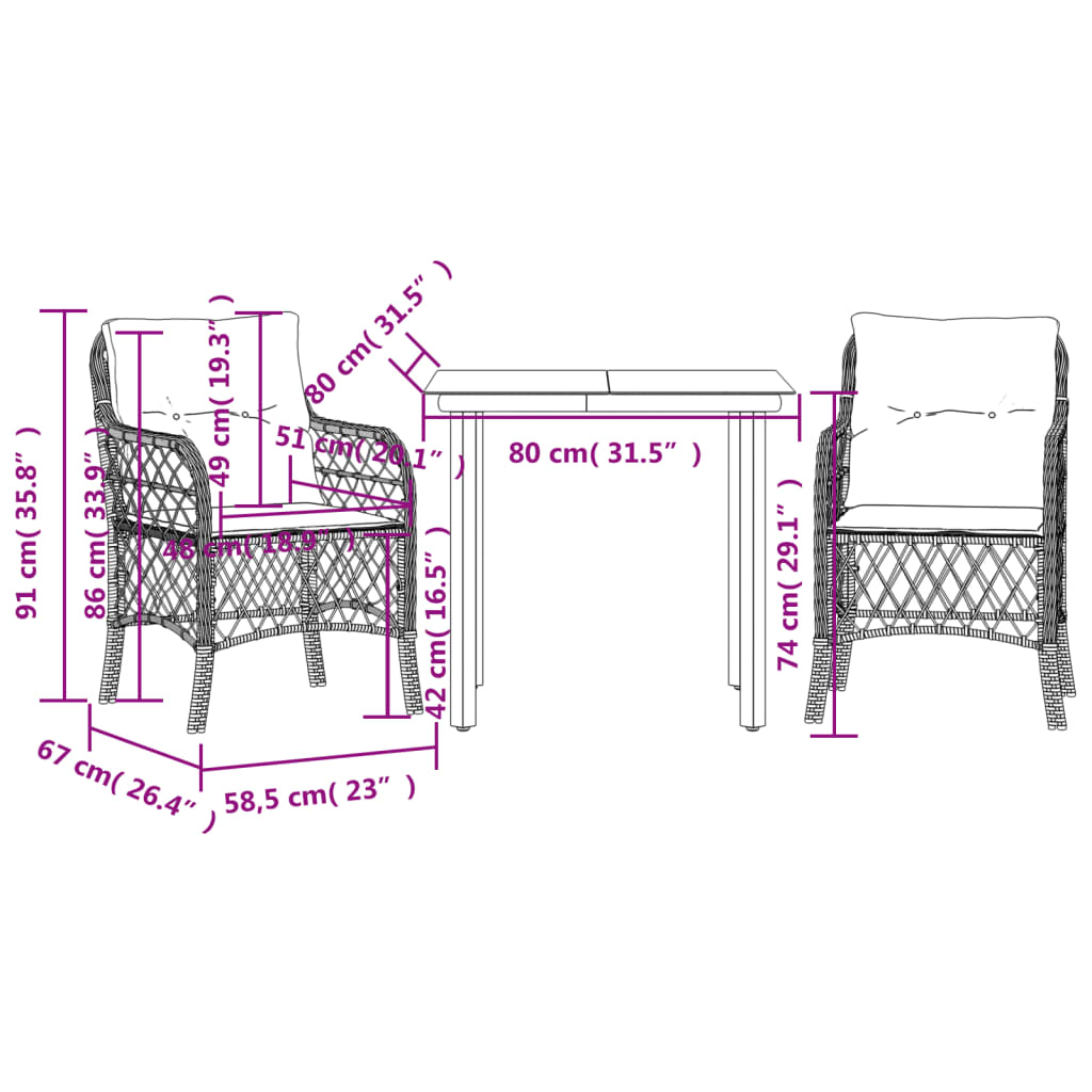 3-tlg. Bistro-Set mit Kissen Braun Poly Rattan