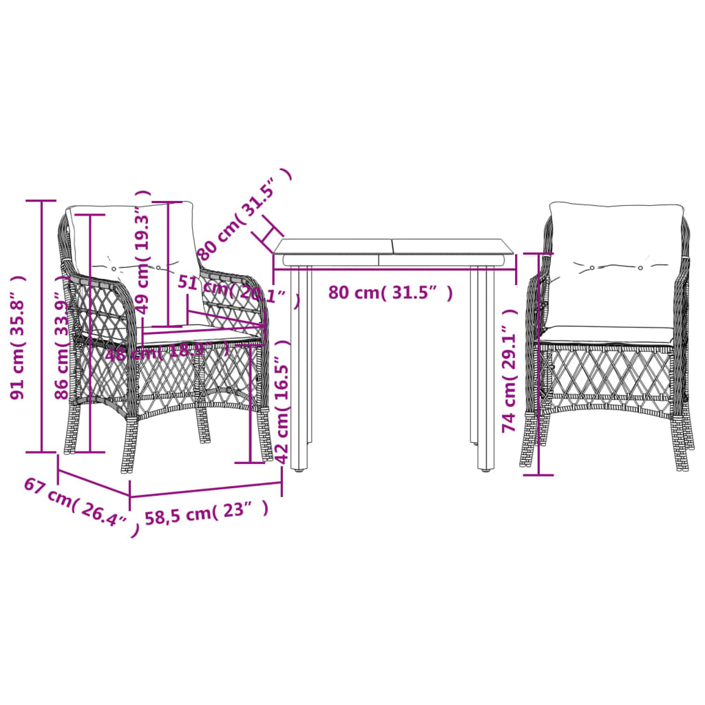 3-tlg. Bistro-Set mit Kissen Grau Poly Rattan