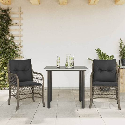 3-tlg. Bistro-Set mit Kissen Grau Poly Rattan