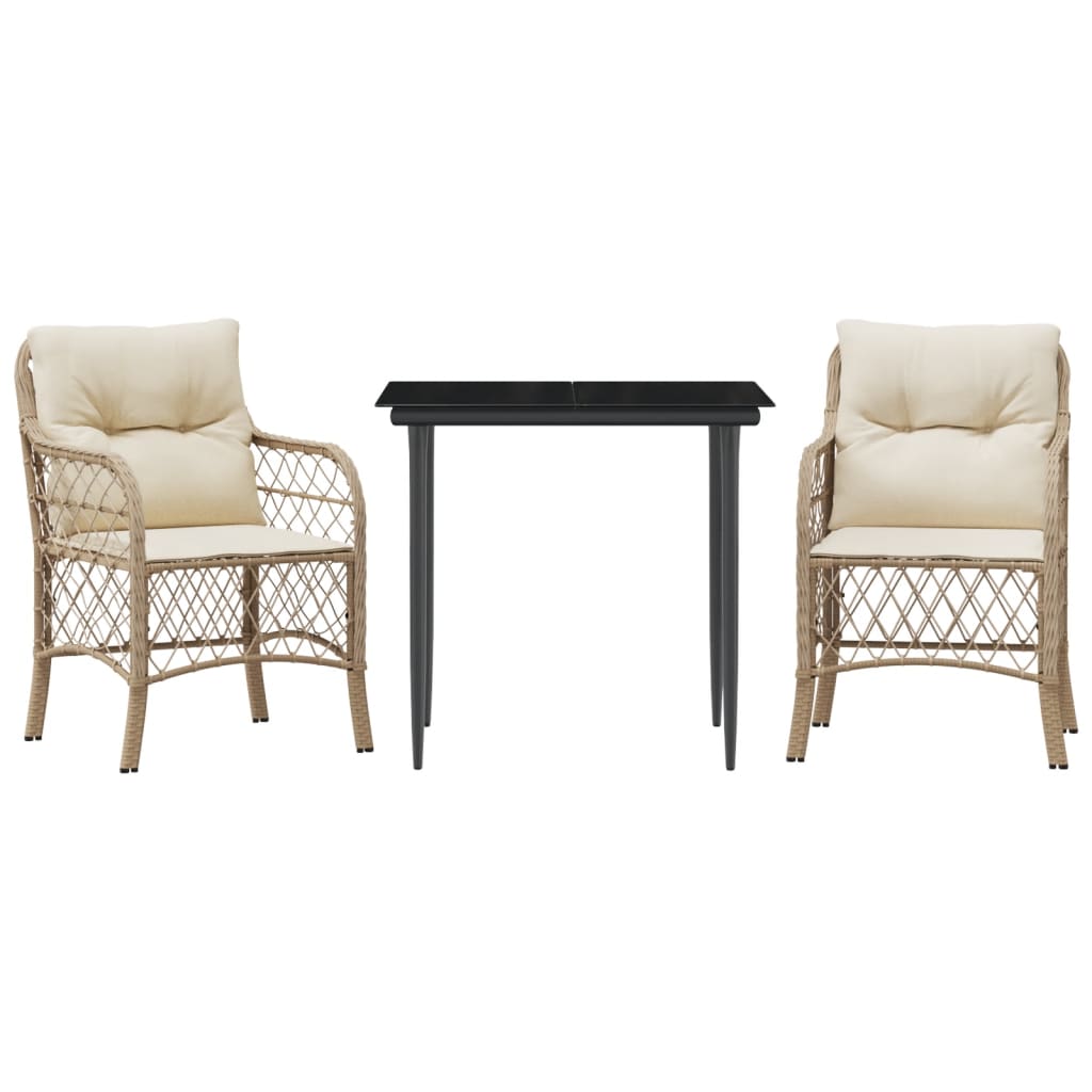 3-tlg. Bistro-Set mit Kissen Beige Poly Rattan