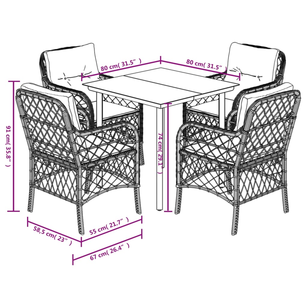 5-tlg. Garten-Essgruppe mit Kissen Beige Poly Rattan