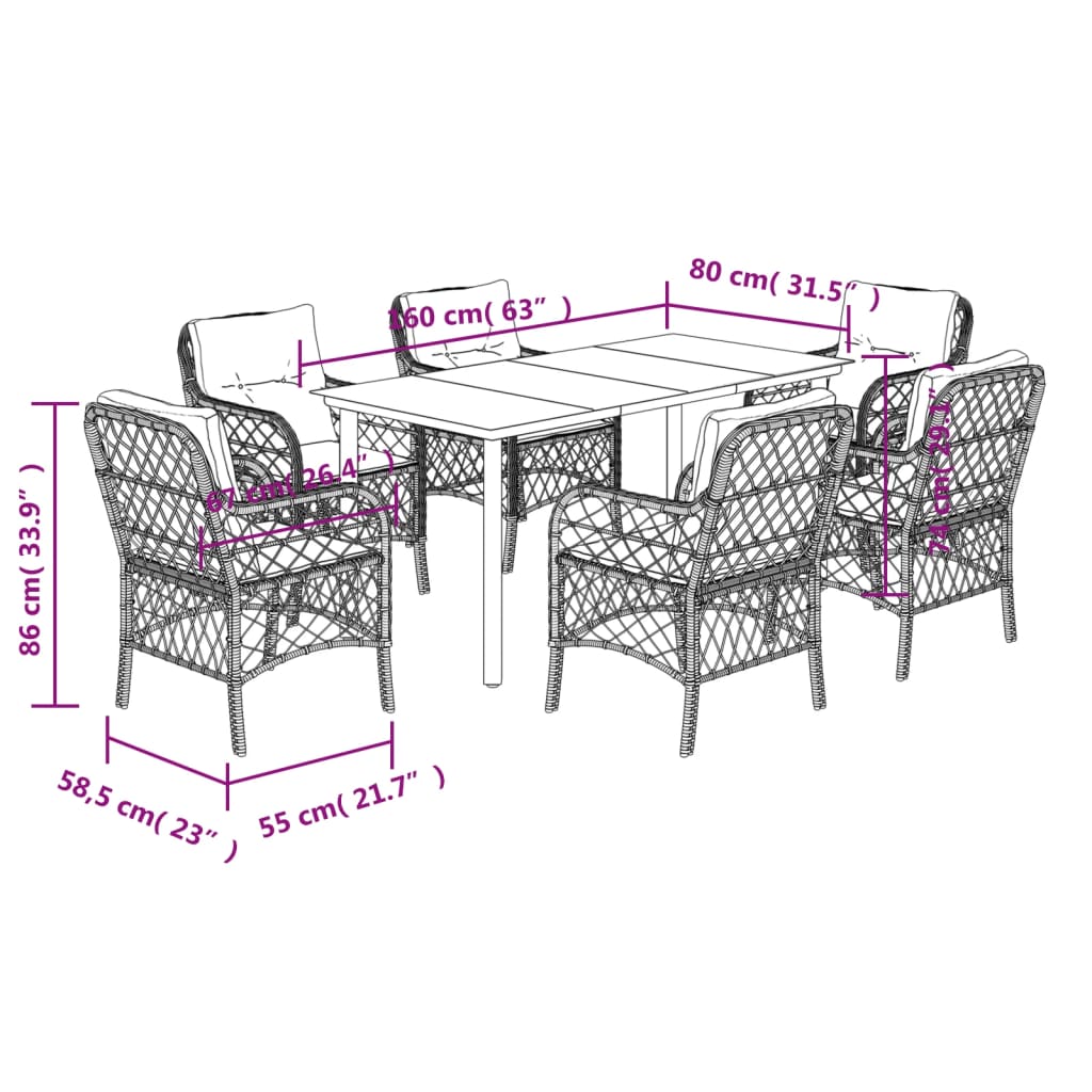 7-tlg. Garten-Essgruppe mit Kissen Beige Poly Rattan