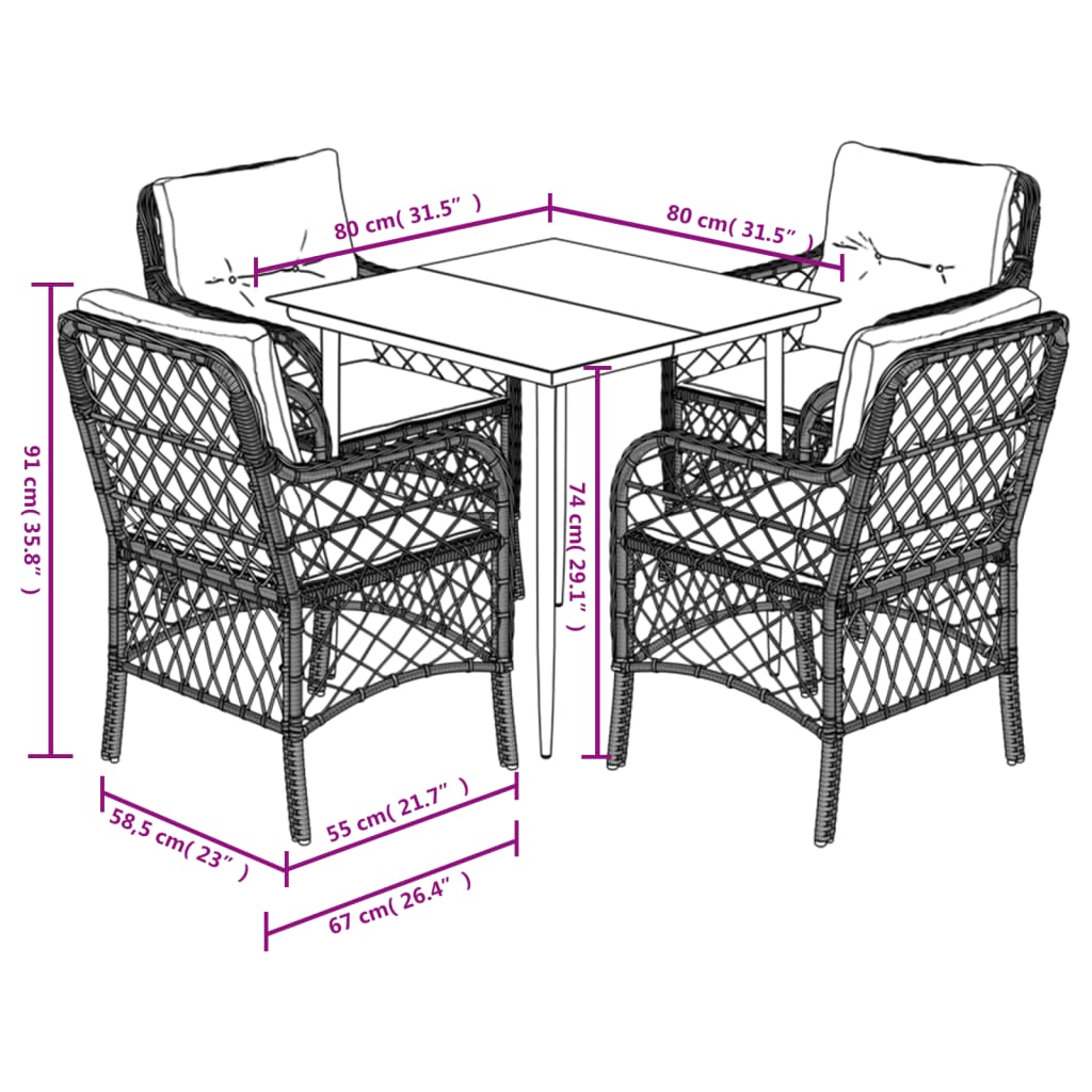 5-tlg. Garten-Essgruppe mit Kissen Hellgrau Poly Rattan