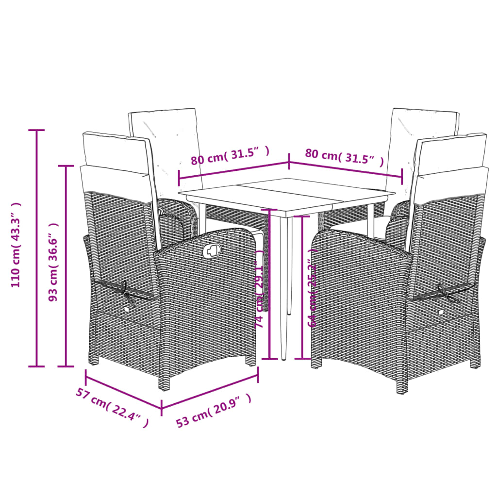 5-tlg. Garten-Essgruppe mit Kissen Braun Poly Rattan