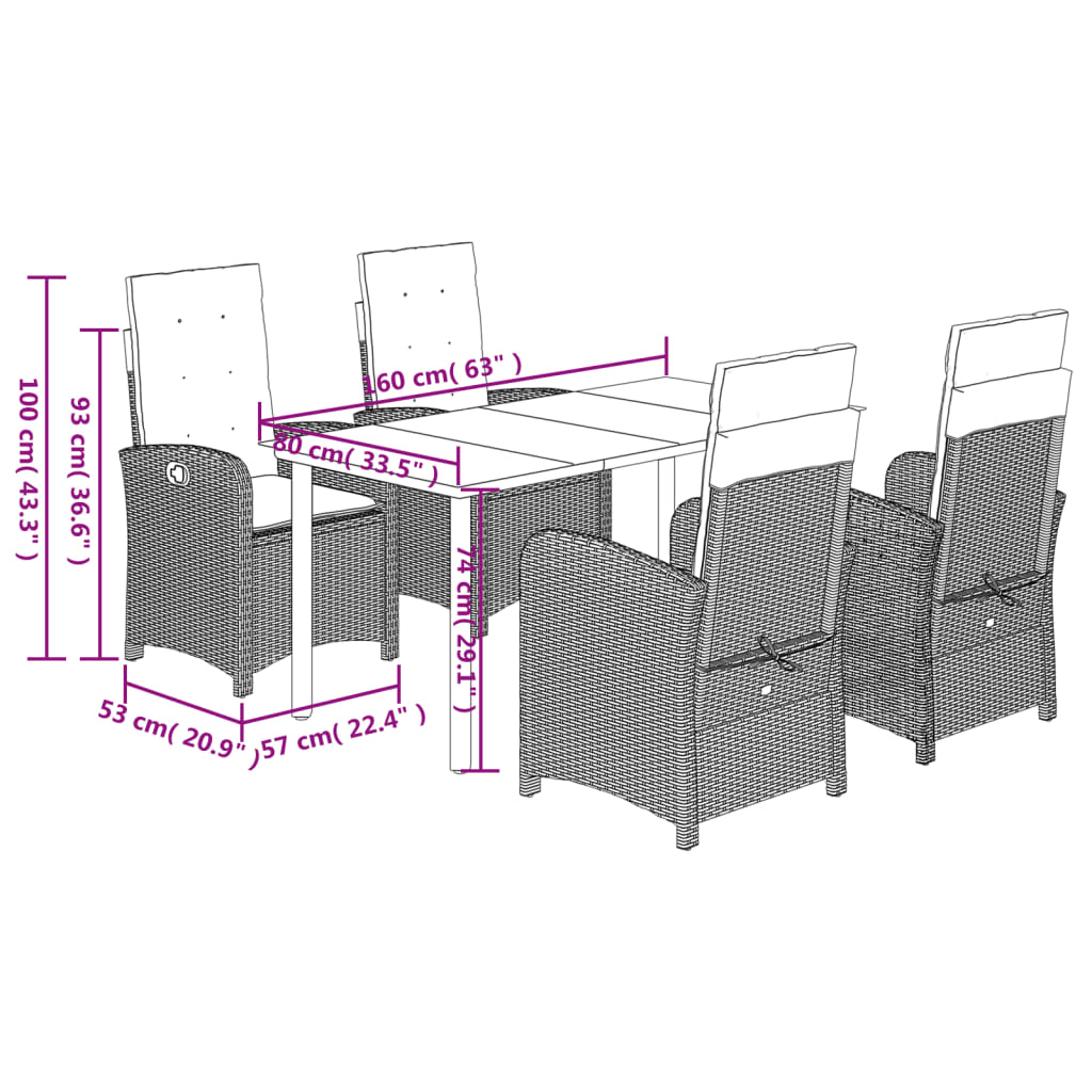 5-tlg. Garten-Essgruppe mit Kissen Braun Poly Rattan