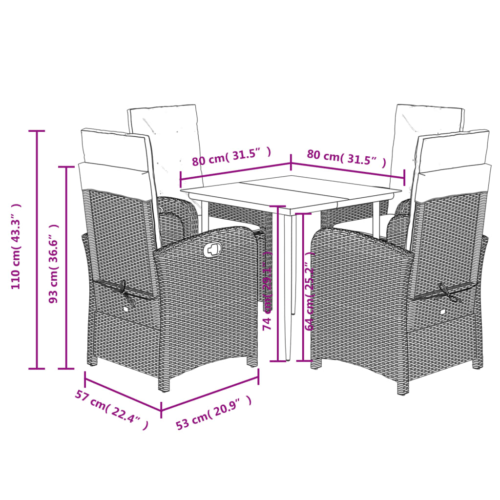 5-tlg. Garten-Essgruppe mit Kissen Grau Poly Rattan