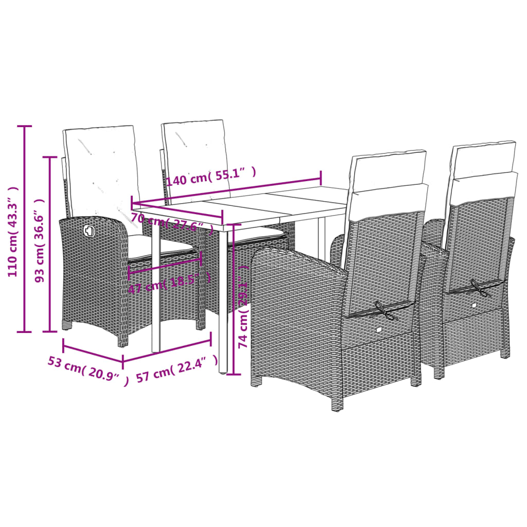 5-tlg. Garten-Essgruppe mit Kissen Grau Poly Rattan