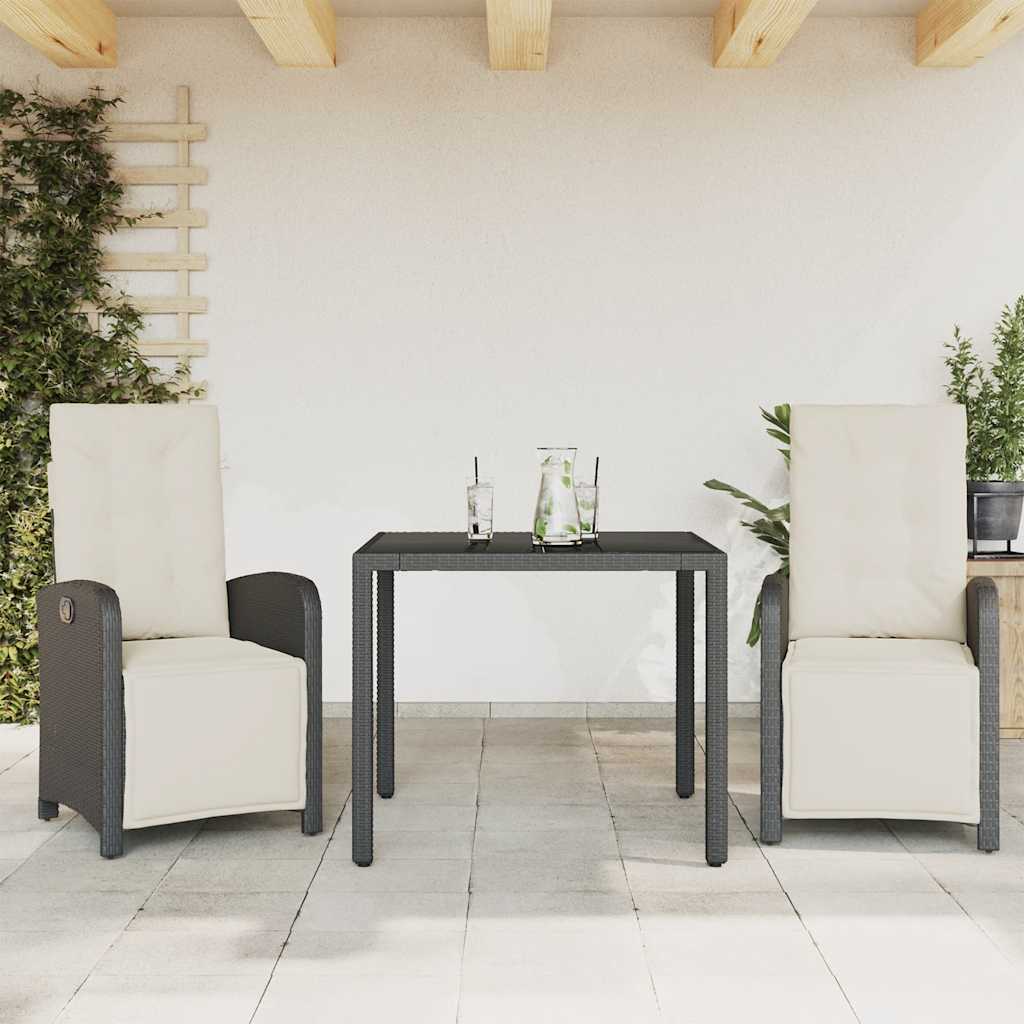 3-tlg. Bistro-Set mit Kissen Schwarz Poly Rattan