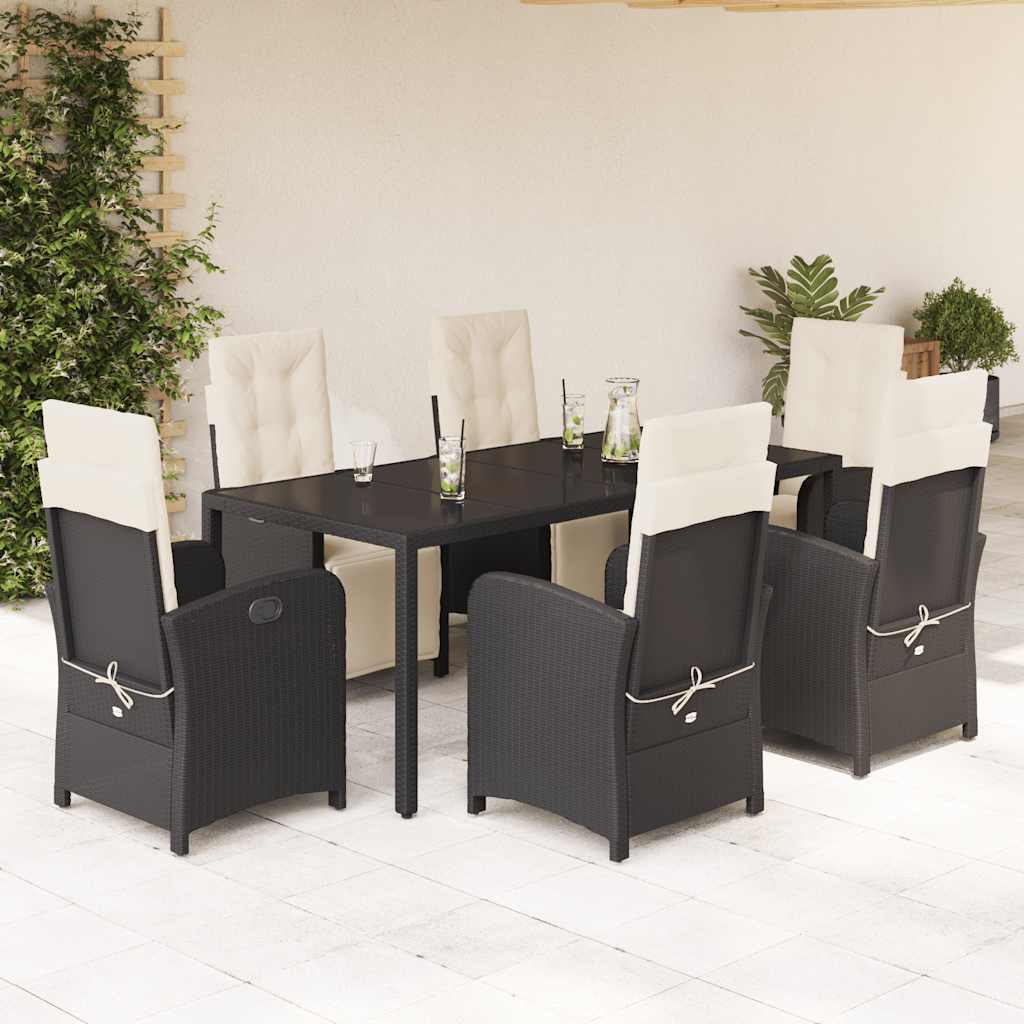7-tlg. Garten-Essgruppe mit Kissen Schwarz Poly Rattan