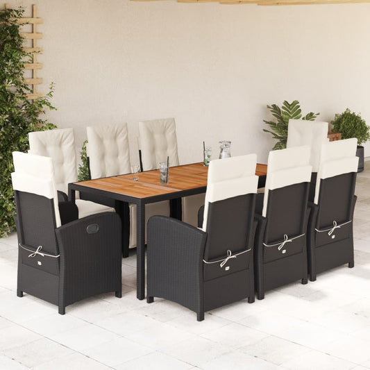 9-tlg. Garten-Essgruppe mit Kissen Schwarz Poly Rattan