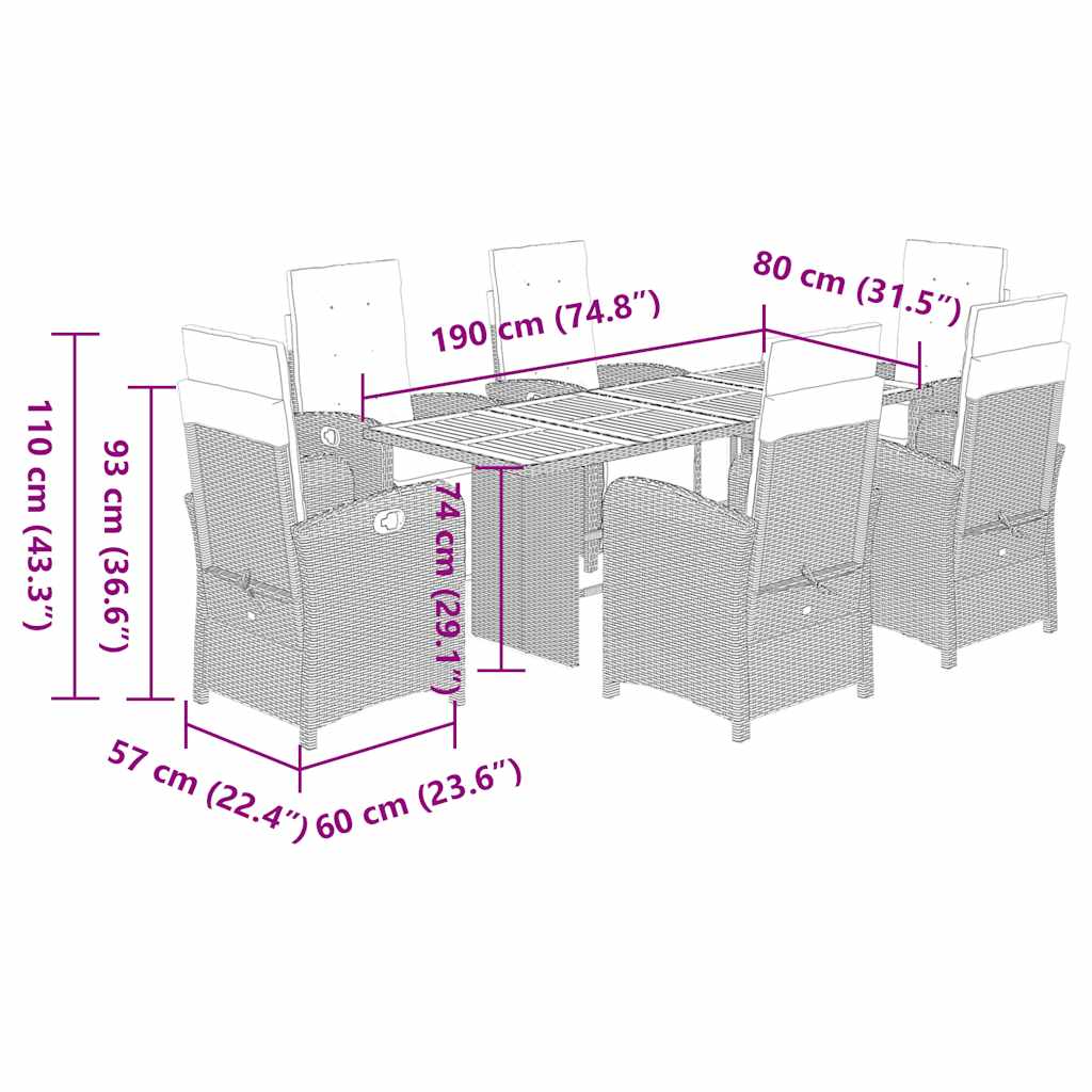 7-tlg. Garten-Essgruppe mit Kissen Schwarz Poly Rattan