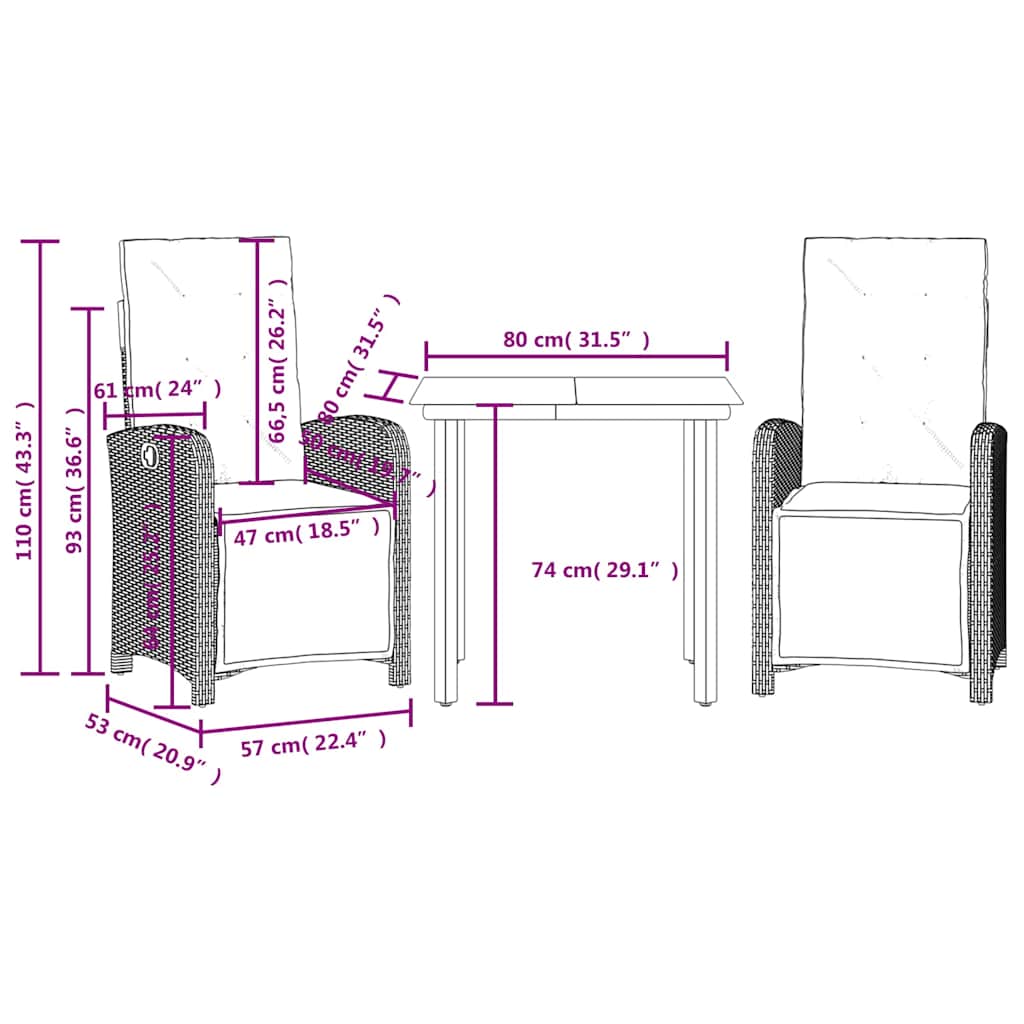 3-tlg. Bistro-Set mit Kissen Beige Poly Rattan