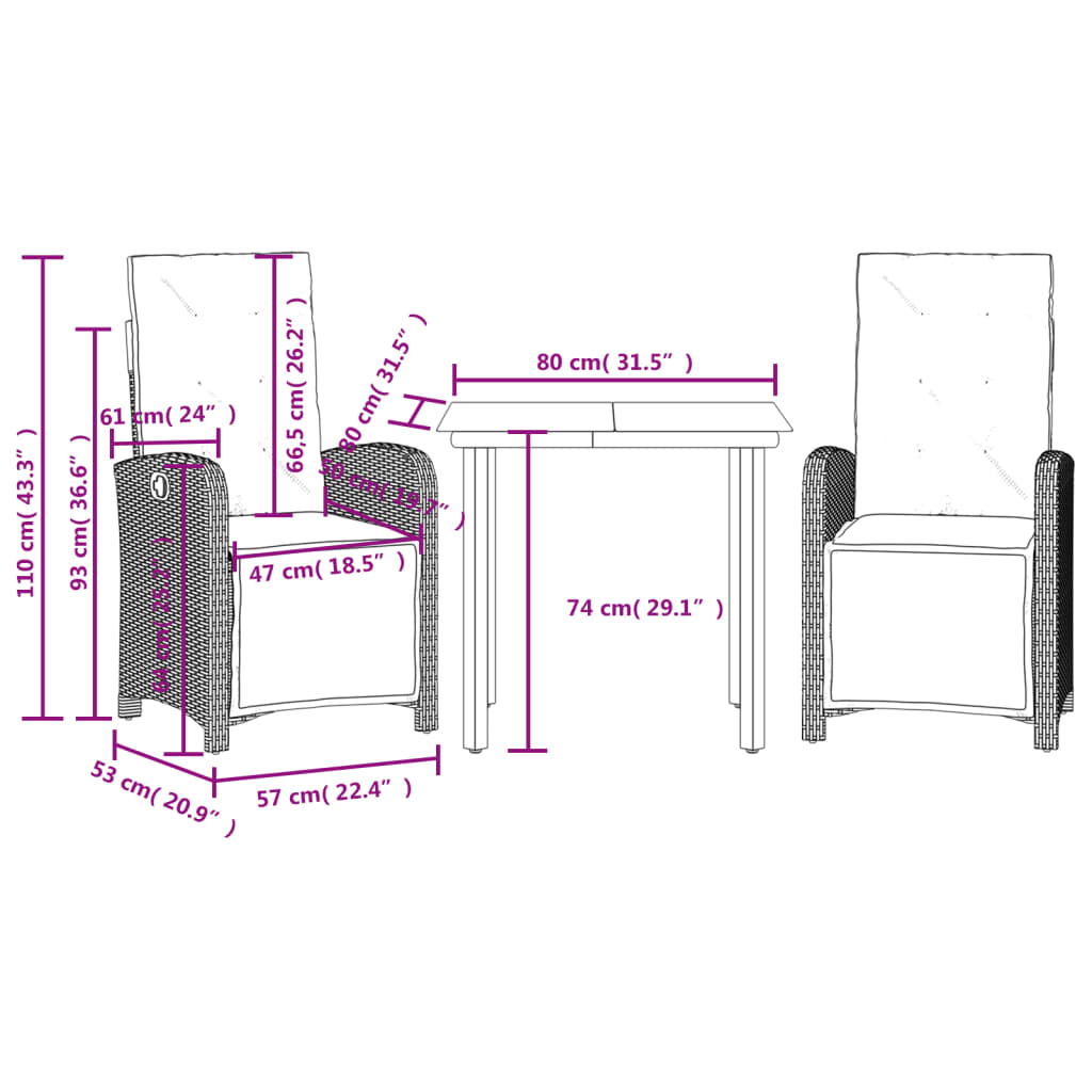 3-tlg. Bistro-Set mit Kissen Beige Poly Rattan