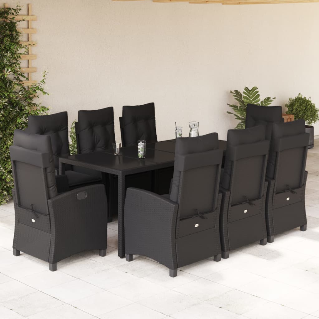 9-tlg. Garten-Essgruppe mit Kissen Schwarz Poly Rattan