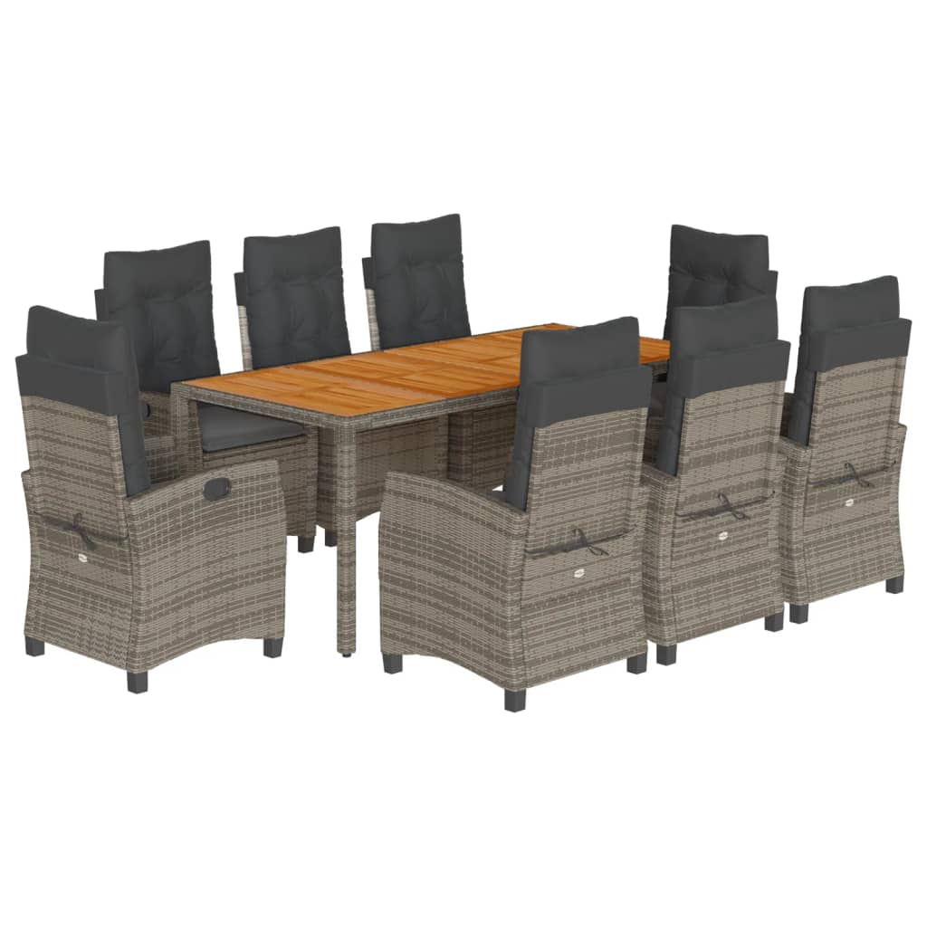 9-tlg. Garten-Essgruppe mit Kissen Grau Poly Rattan