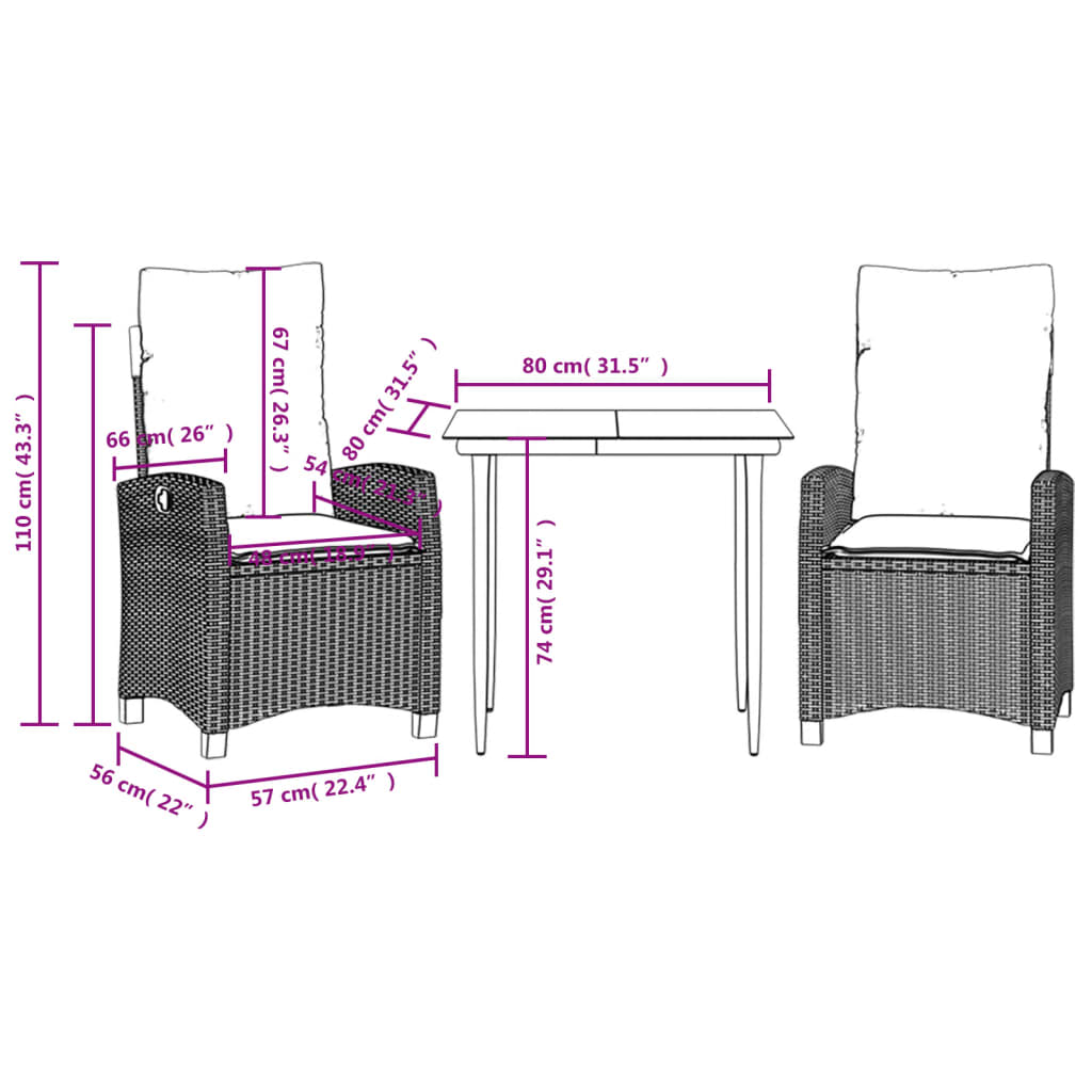 3-tlg. Garten-Essgruppe mit Kissen Schwarz Poly Rattan