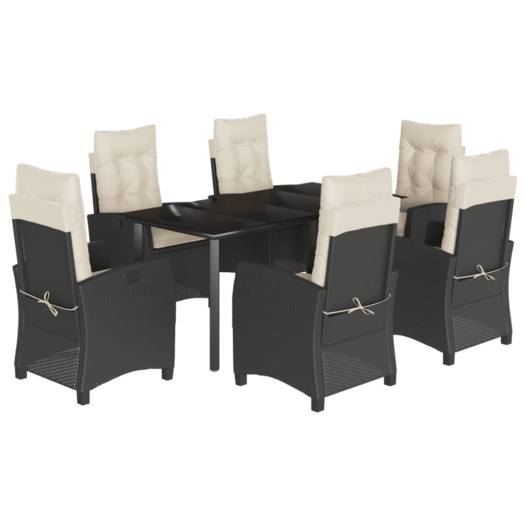 7-tlg. Garten-Essgruppe mit Kissen Schwarz Poly Rattan
