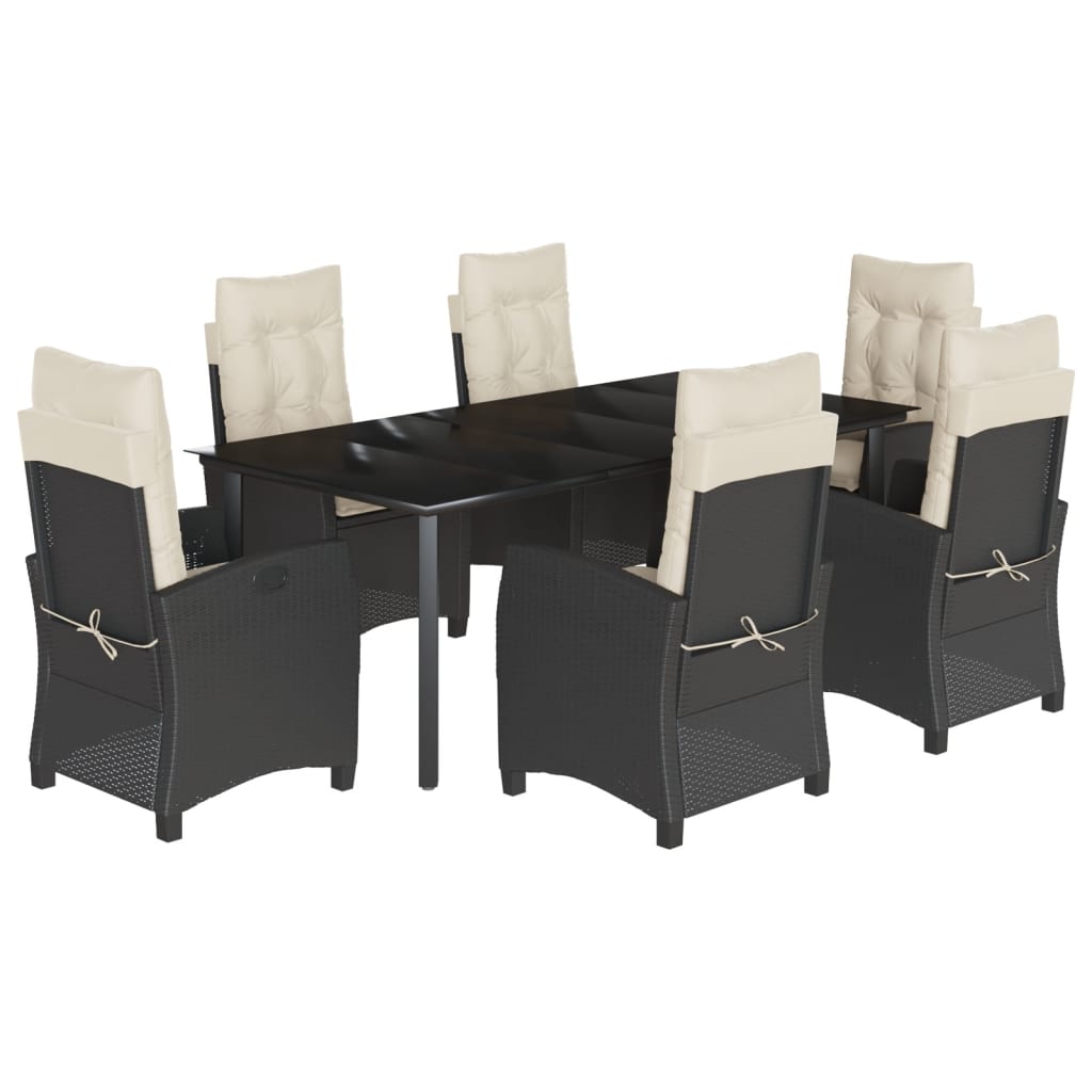 7-tlg. Garten-Essgruppe mit Kissen Schwarz Poly Rattan