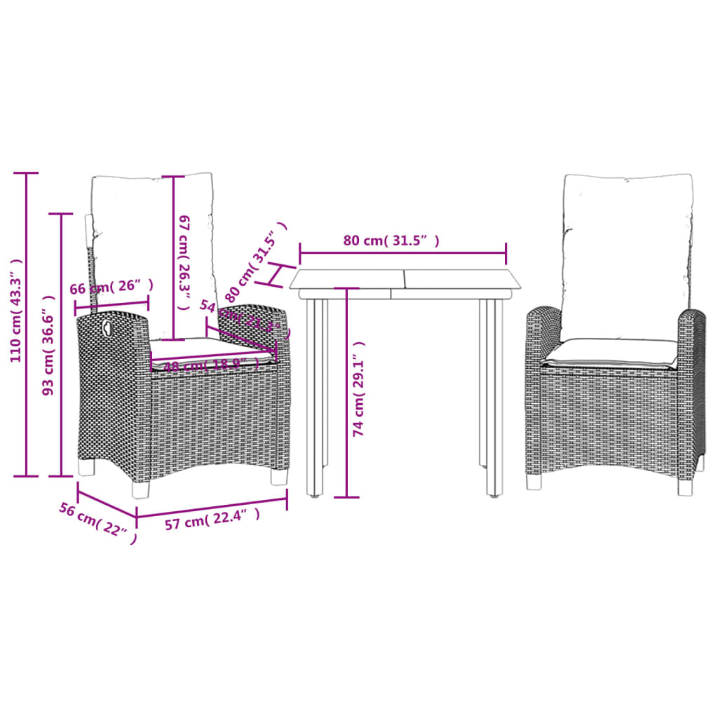 3-tlg. Garten-Essgruppe mit Kissen Braun Poly Rattan