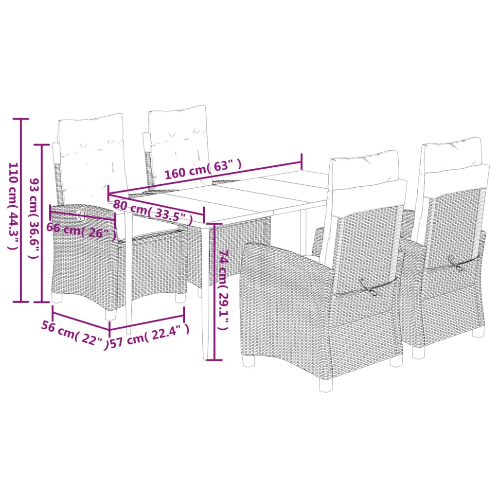 5-tlg. Garten-Essgruppe mit Kissen Braun Poly Rattan
