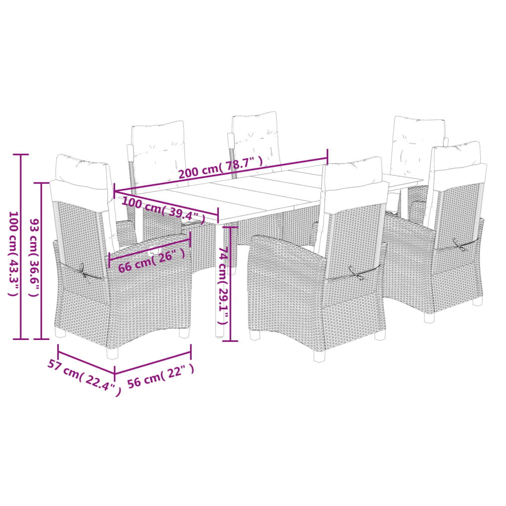 7-tlg. Garten-Essgruppe mit Kissen Braun Poly Rattan