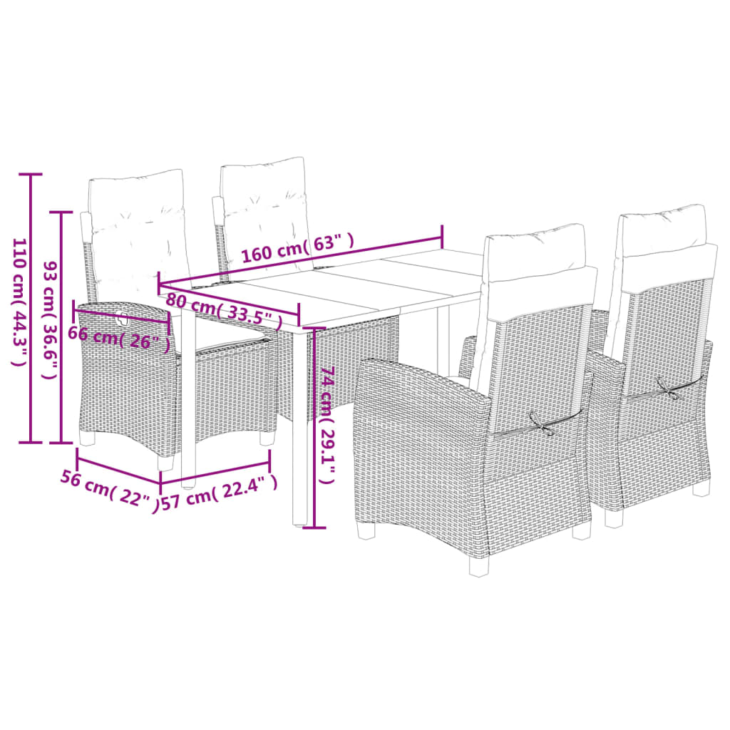 5-tlg. Garten-Essgruppe mit Kissen Grau Poly Rattan