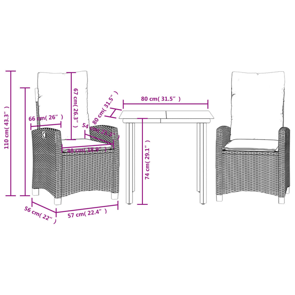 3-tlg. Garten-Essgruppe mit Kissen Beigemischung Poly Rattan