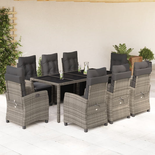 9-tlg. Garten-Essgruppe mit Kissen Grau Poly Rattan