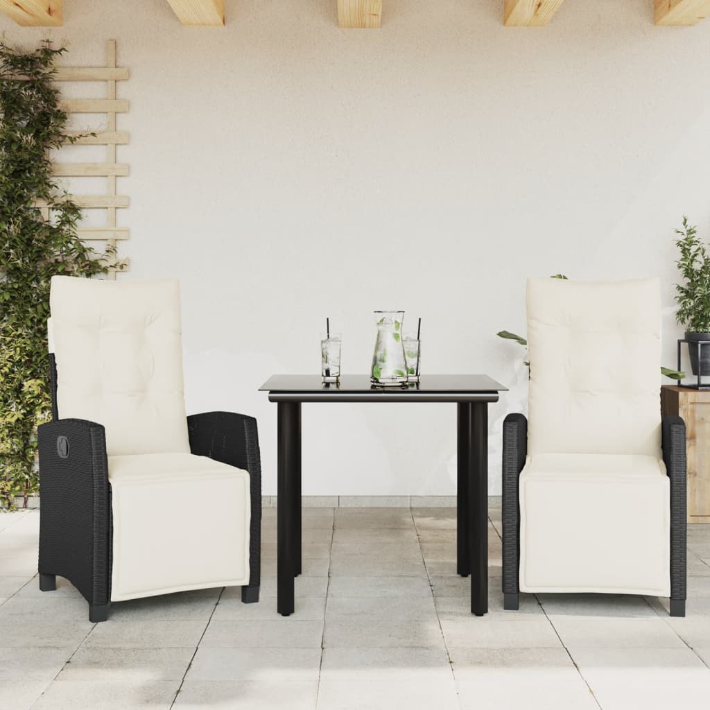 3-tlg. Garten-Essgruppe mit Kissen Schwarz Poly Rattan