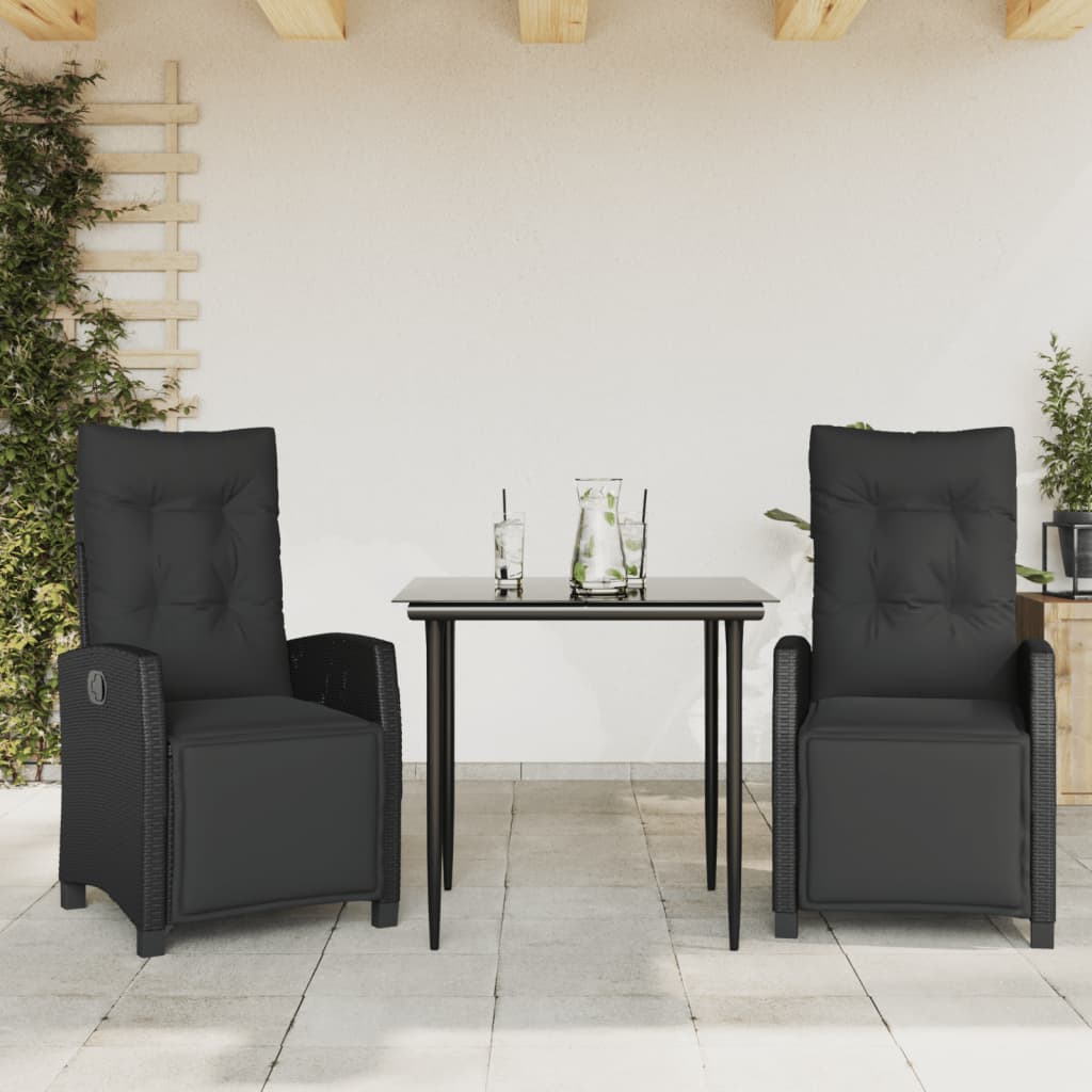 3-tlg. Garten-Essgruppe mit Kissen Schwarz Poly Rattan