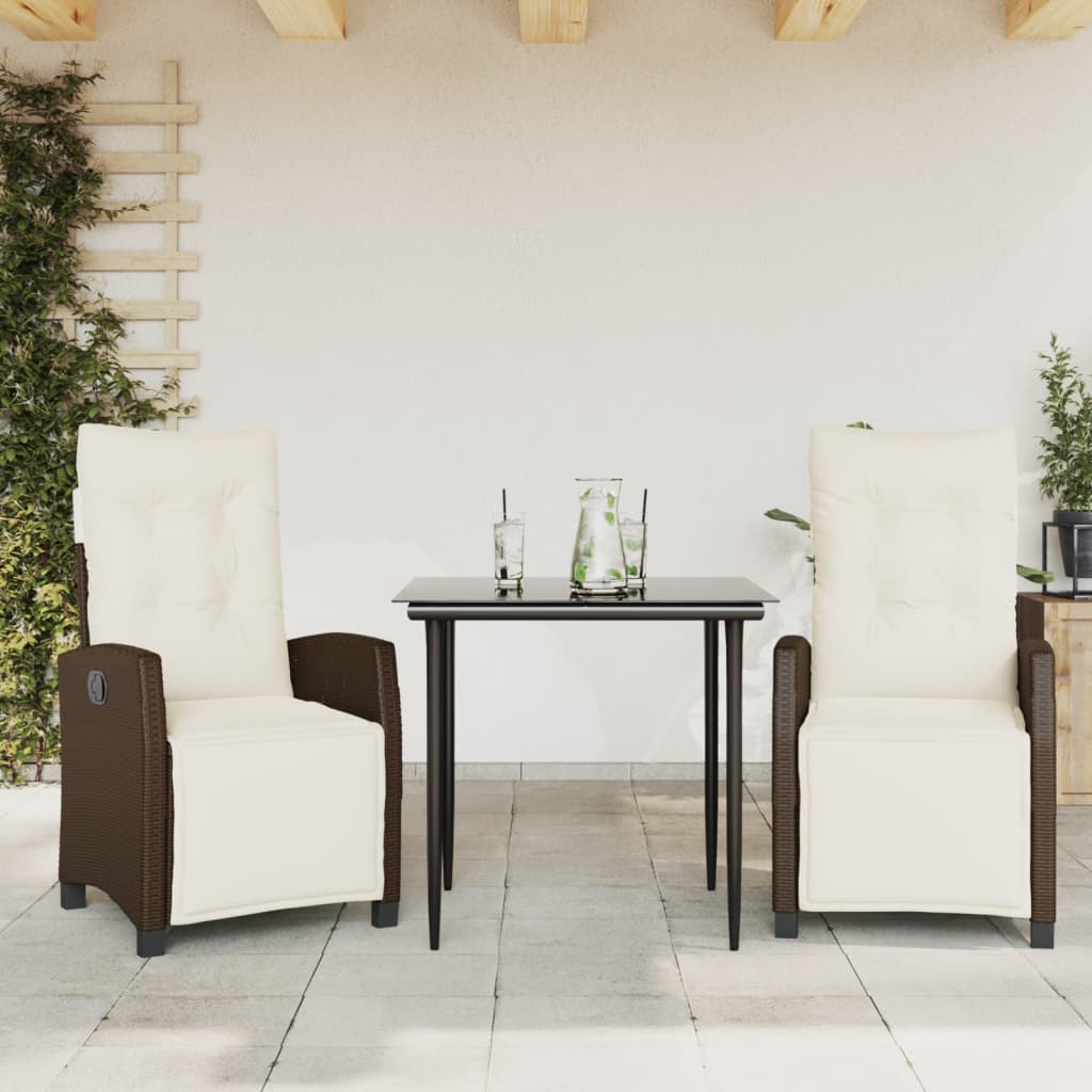 3-tlg. Garten-Essgruppe mit Kissen Braun Poly Rattan