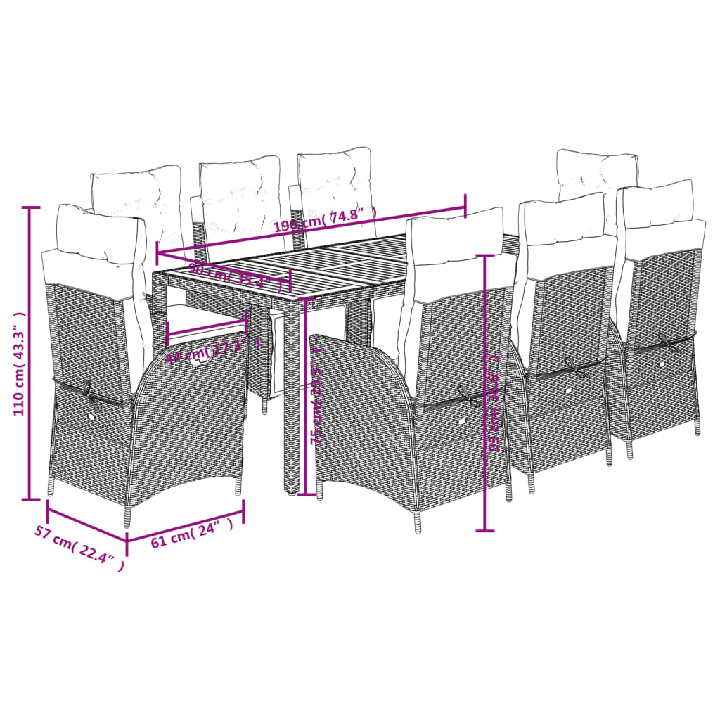 9-tlg. Garten-Essgruppe mit Kissen Schwarz Poly Rattan