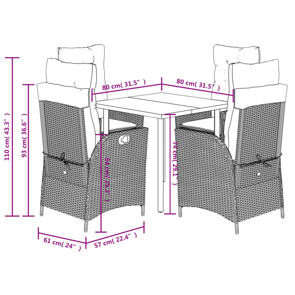 5-tlg. Garten-Essgruppe mit Kissen Schwarz Poly Rattan