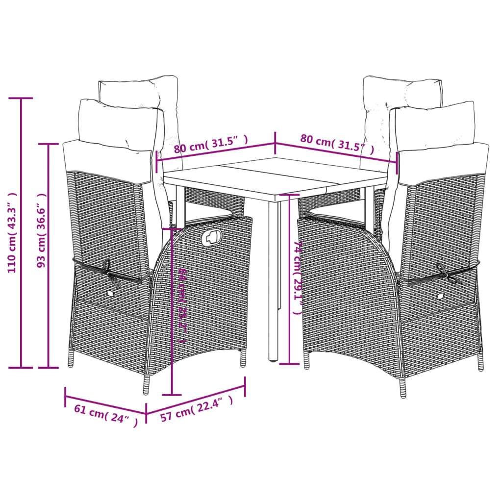 5-tlg. Garten-Essgruppe mit Kissen Schwarz Poly Rattan