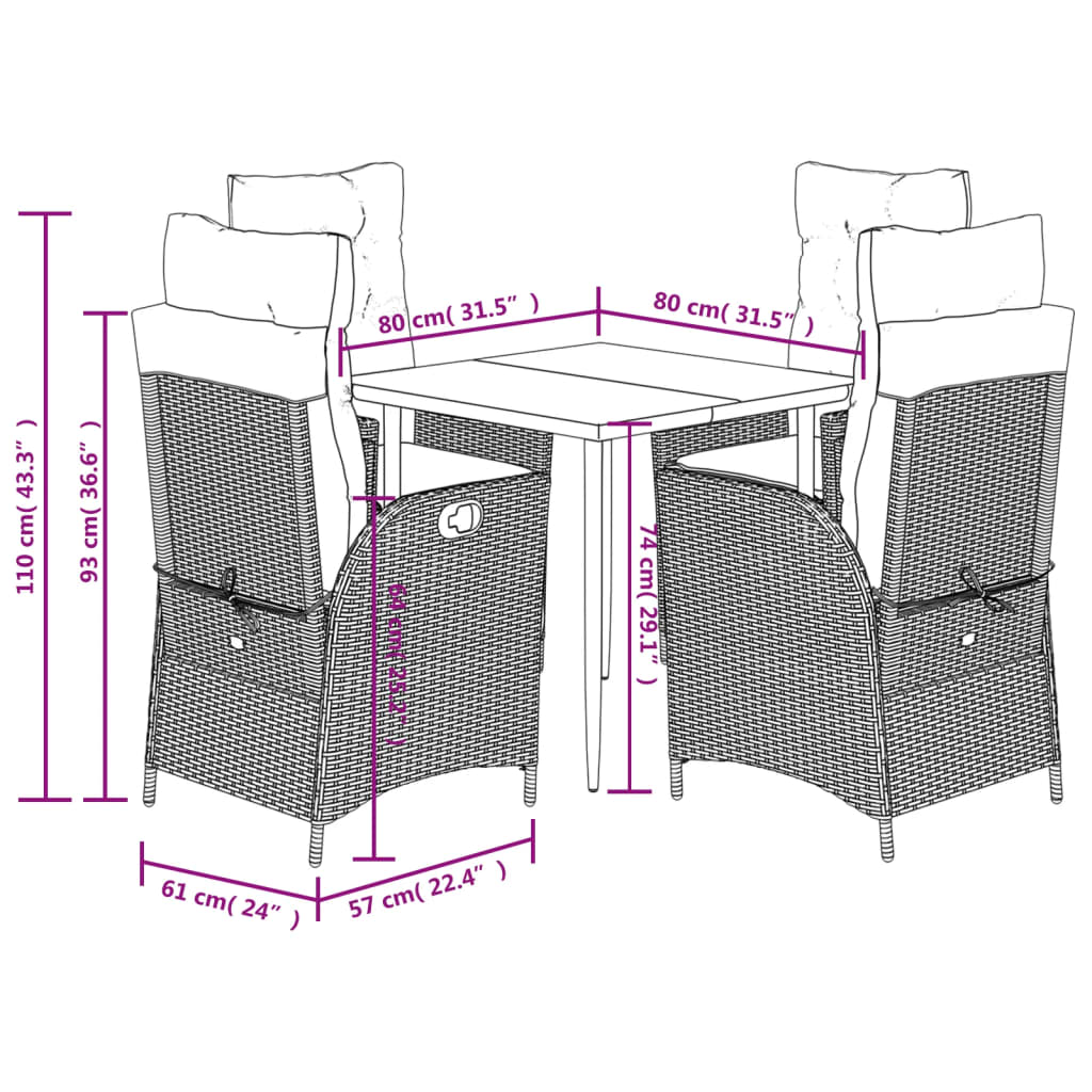 5-tlg. Garten-Essgruppe mit Kissen Braun Poly Rattan