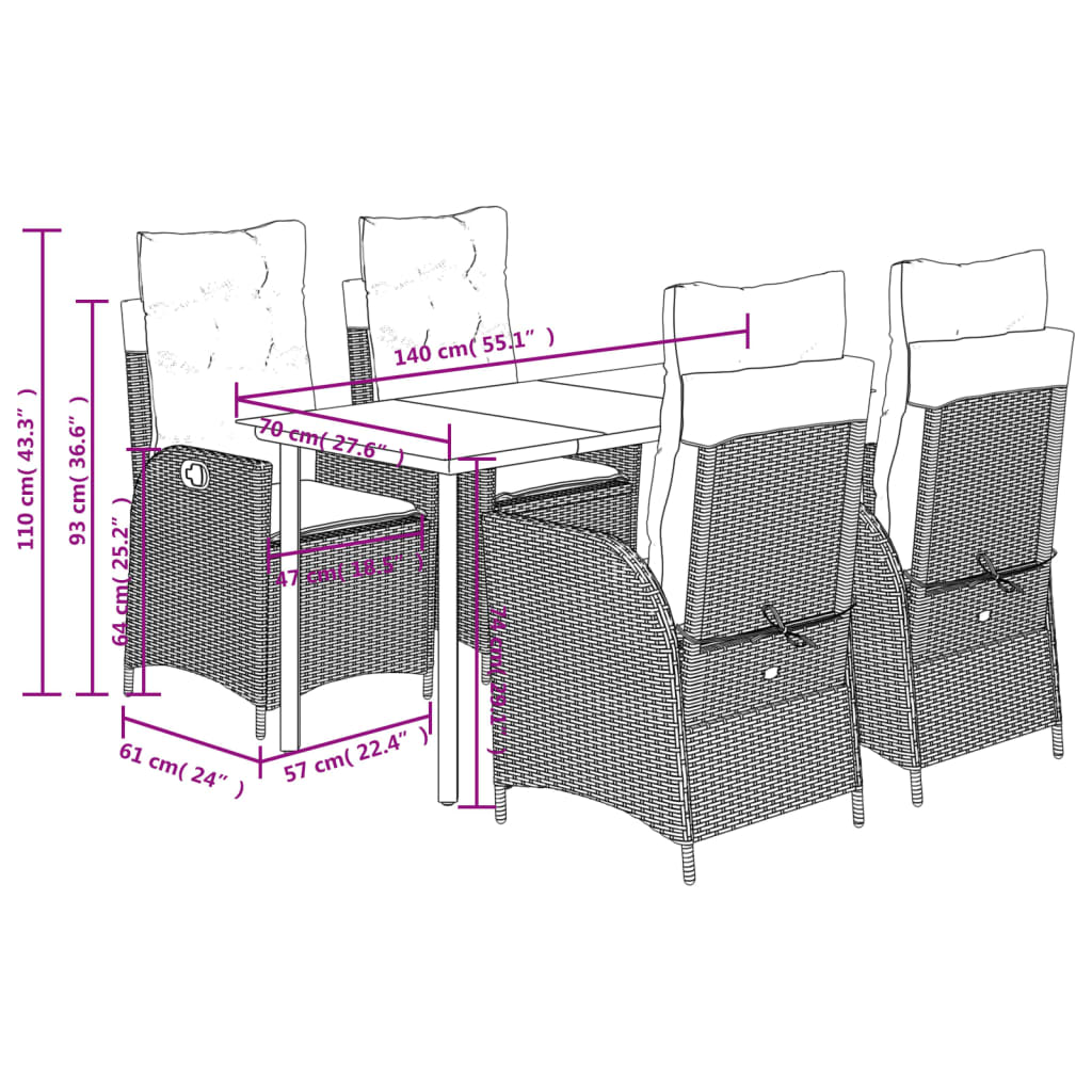 5-tlg. Garten-Essgruppe mit Kissen Braun Poly Rattan