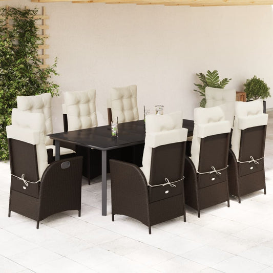 9-tlg. Garten-Essgruppe mit Kissen Braun Poly Rattan