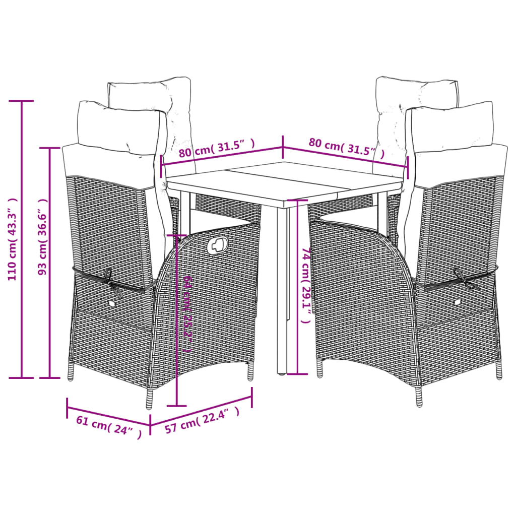 5-tlg. Garten-Essgruppe mit Kissen Grau Poly Rattan