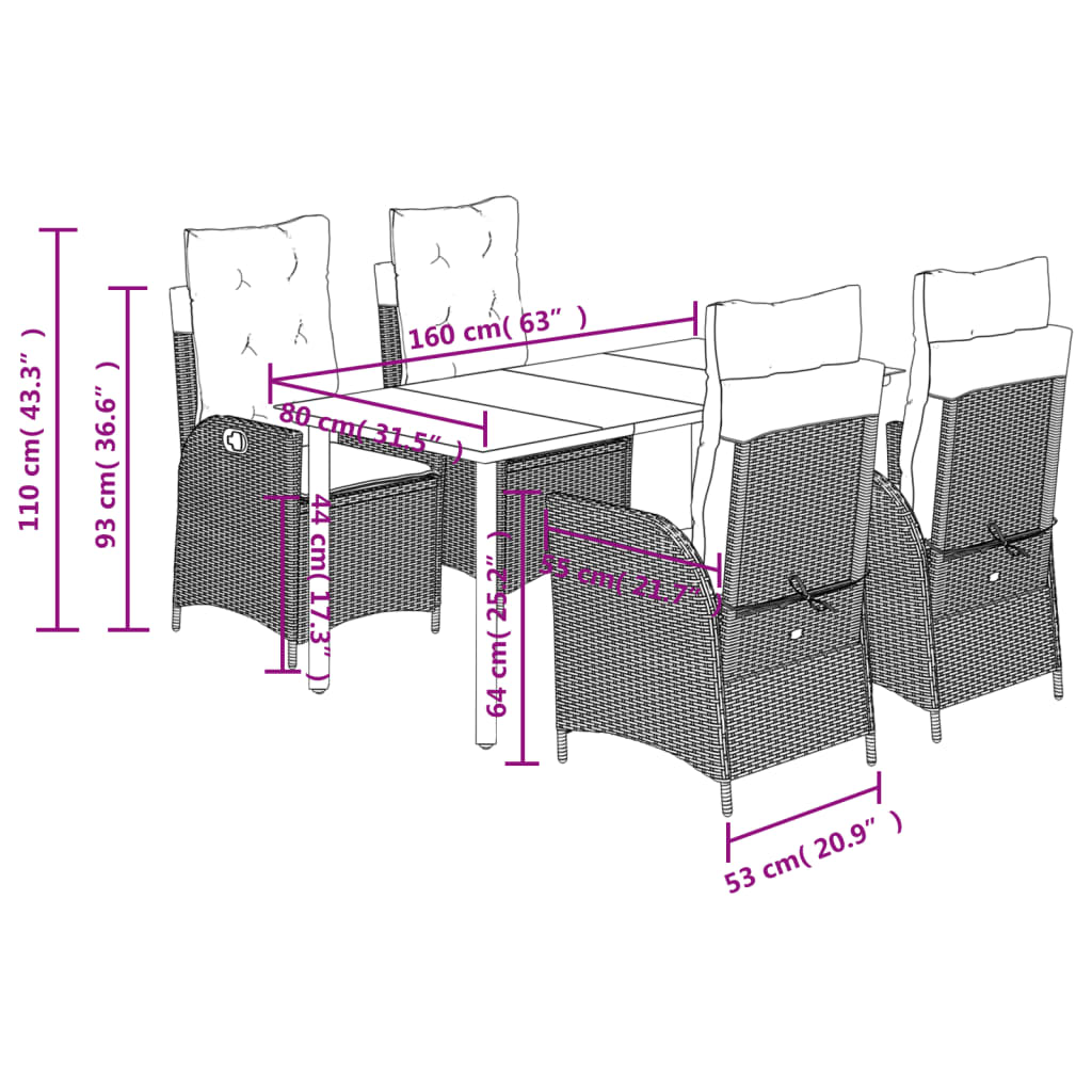 5-tlg. Garten-Essgruppe mit Kissen Grau Poly Rattan