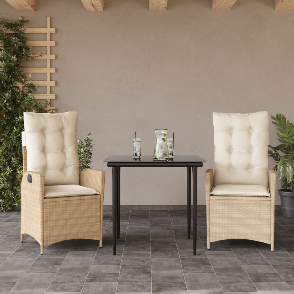 3-tlg. Garten-Essgruppe mit Kissen Beige Poly Rattan