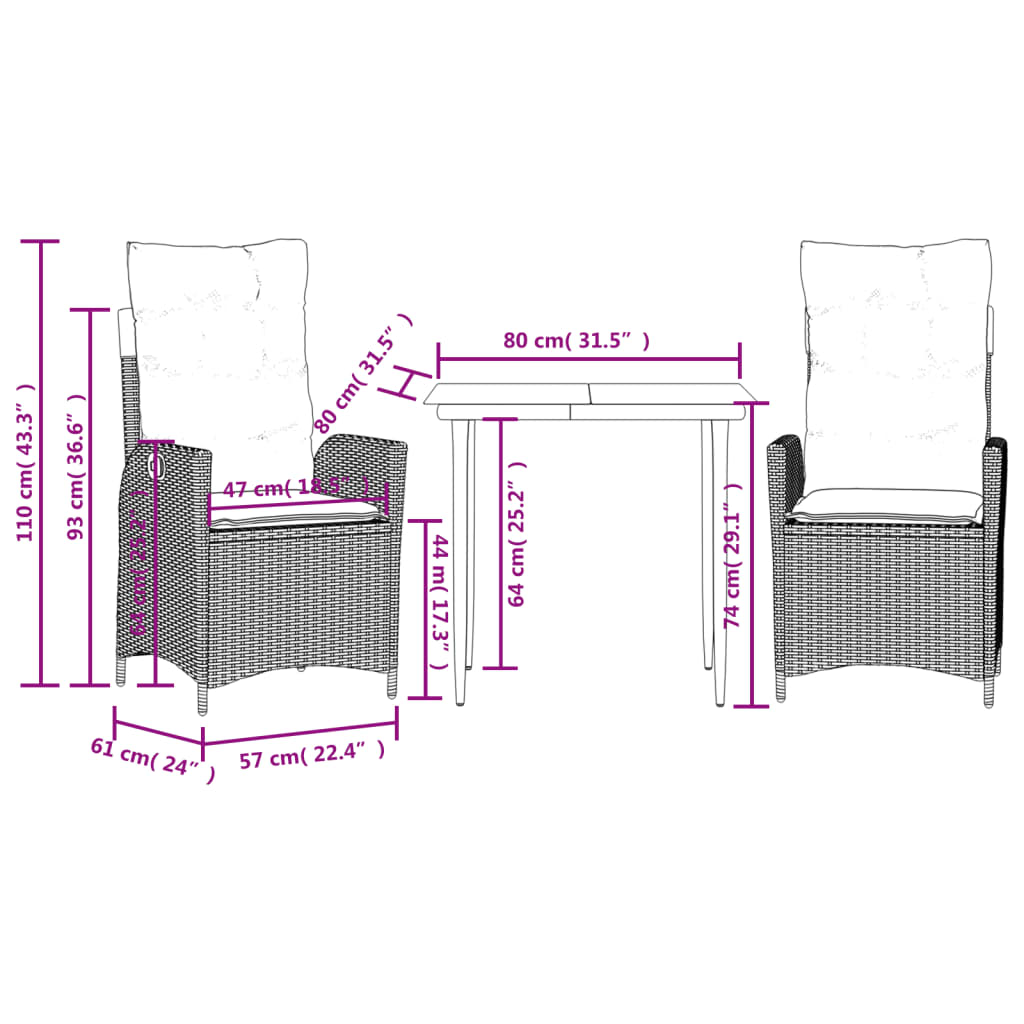 3-tlg. Garten-Essgruppe mit Kissen Hellgrau Poly Rattan