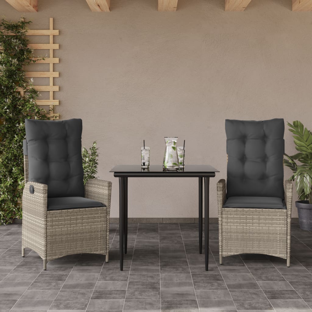 3-tlg. Garten-Essgruppe mit Kissen Hellgrau Poly Rattan