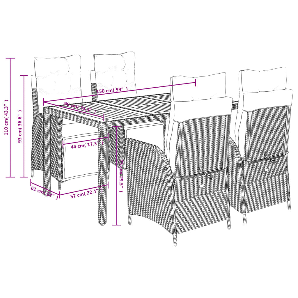 5-tlg. Garten-Essgruppe mit Kissen Schwarz Poly Rattan