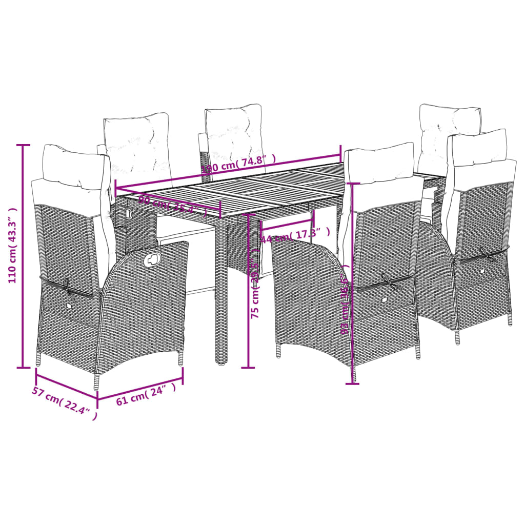 7-tlg. Garten-Essgruppe mit Kissen Schwarz Poly Rattan