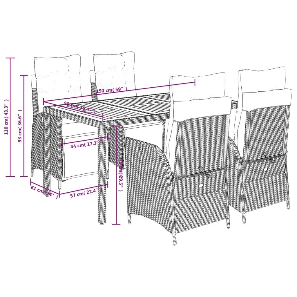 5-tlg. Garten-Essgruppe mit Kissen Grau Poly Rattan