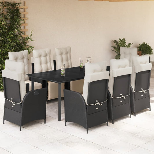 9-tlg. Garten-Essgruppe mit Kissen Schwarz Poly Rattan