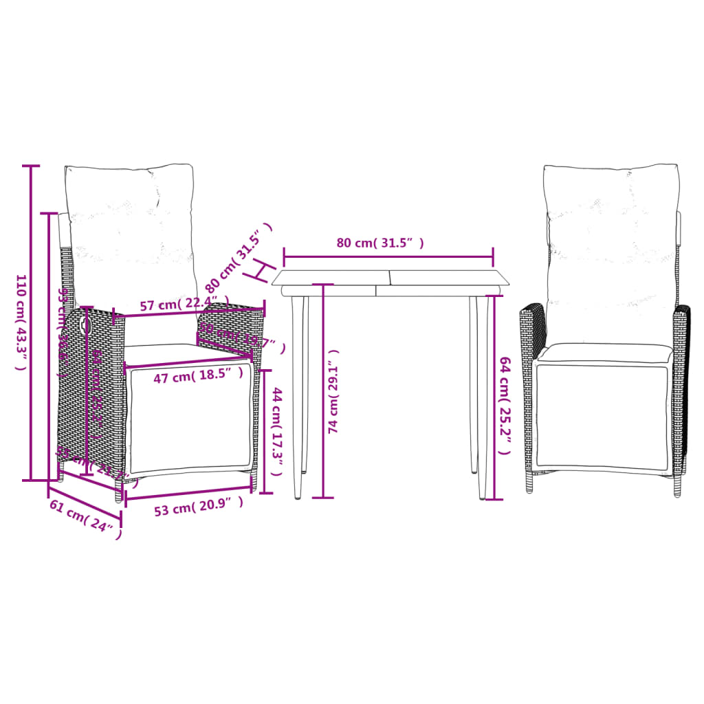 3-tlg. Garten-Essgruppe mit Kissen Braun Poly Rattan