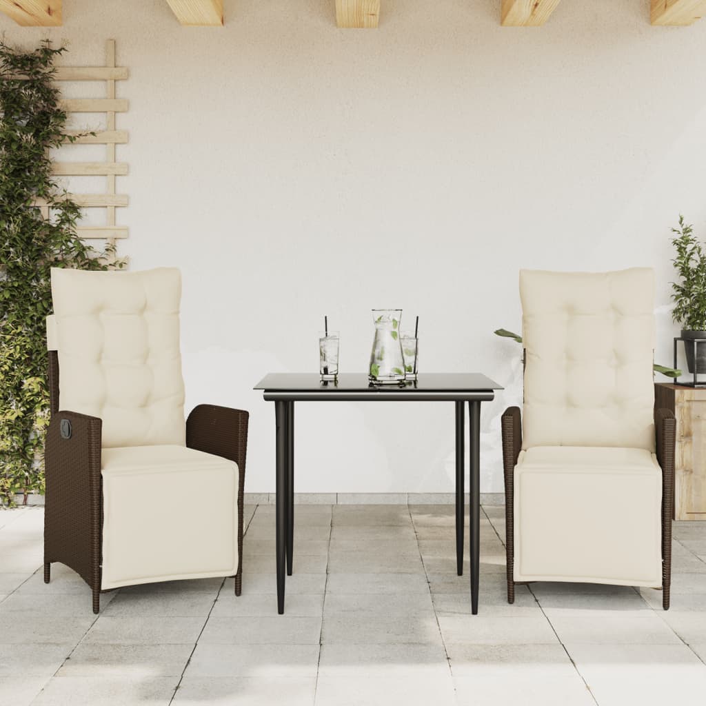 3-tlg. Garten-Essgruppe mit Kissen Braun Poly Rattan