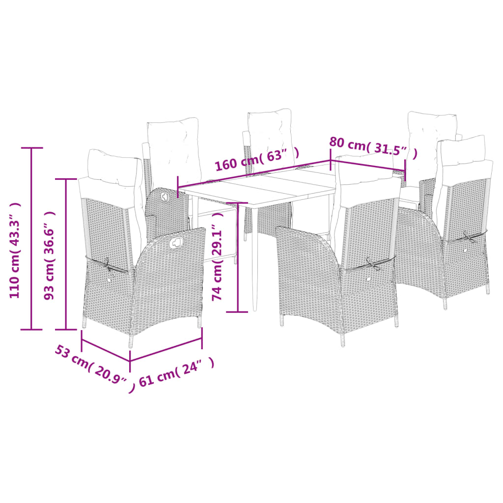7-tlg. Garten-Essgruppe mit Kissen Braun Poly Rattan