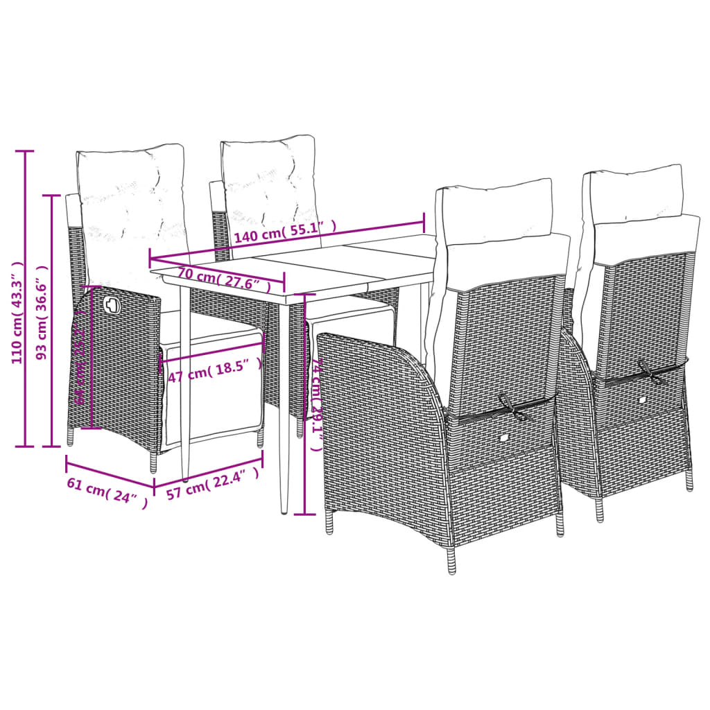 5-tlg. Garten-Essgruppe mit Kissen Grau Poly Rattan